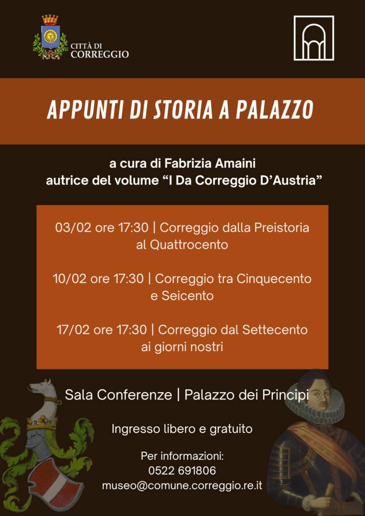 Locandina evento sulla storia di Correggio. A cura di Fabrizia Amaini