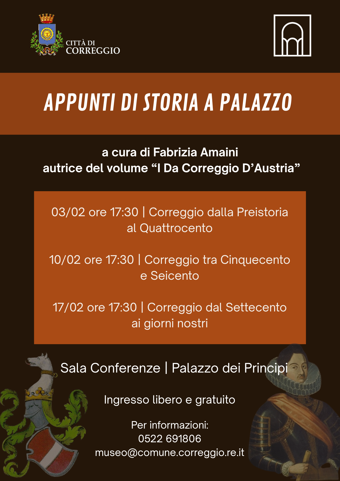 Locandina evento sulla storia di Correggio. A cura di Fabrizia Amaini