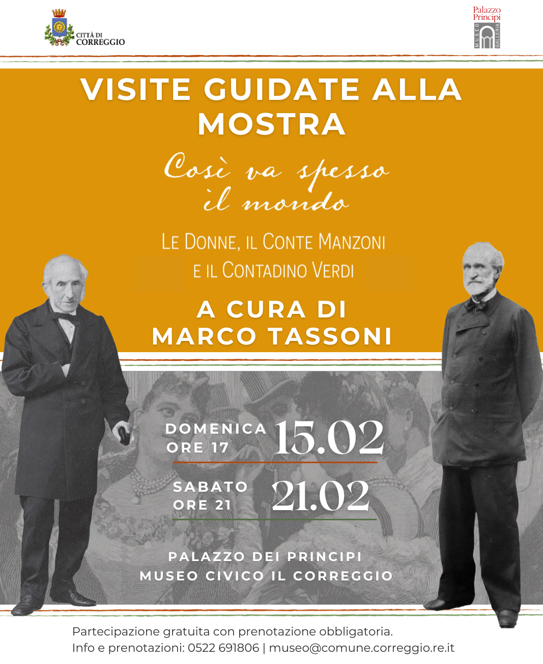 locandina visite guidate con il Dott. Tassoni alla mostra su Manzoni e Verdi. Domenica 15 febbraio ore 17 e sabato 21 febbraio ore 21